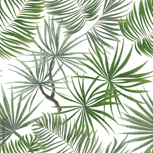 seamless pattern of bright green tropical leaves on white background.Vector Tropical palm leaves seamless pattern. Jungle floral ornamental background. Florals for your poster  banner flayer.