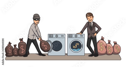 Money-laundering. The criminal and the businessman washing money in the machines. Concept vector illustration.