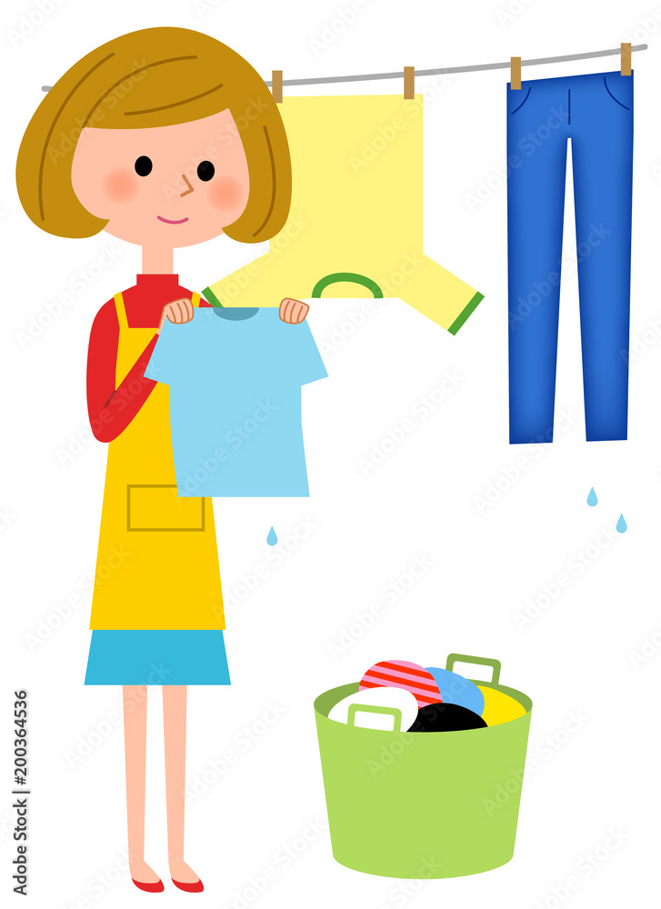 エプロンの女性　洗濯