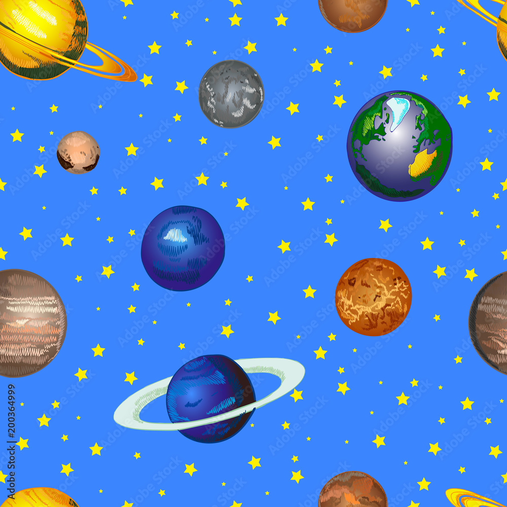 Doodle Cosmos VECTOR Background, Seamless Pattern, Hand Drawn Colored  Planets on Bright Blue Sky. Stock Vector | Adobe Stock