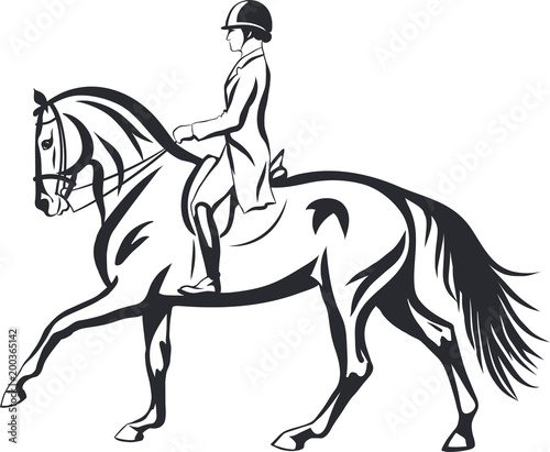A logo of a dressage rider on a horse.