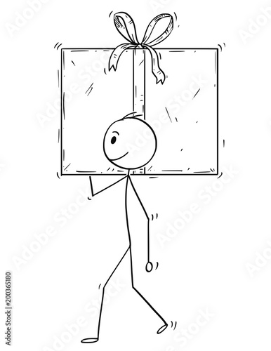 Cartoon stick man drawing conceptual illustration of businessman carry big gift box or present in wrap.