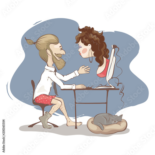 Beautiful stranger on the Internet / Funny man wants to meet a woman on the Internet, vector illustration