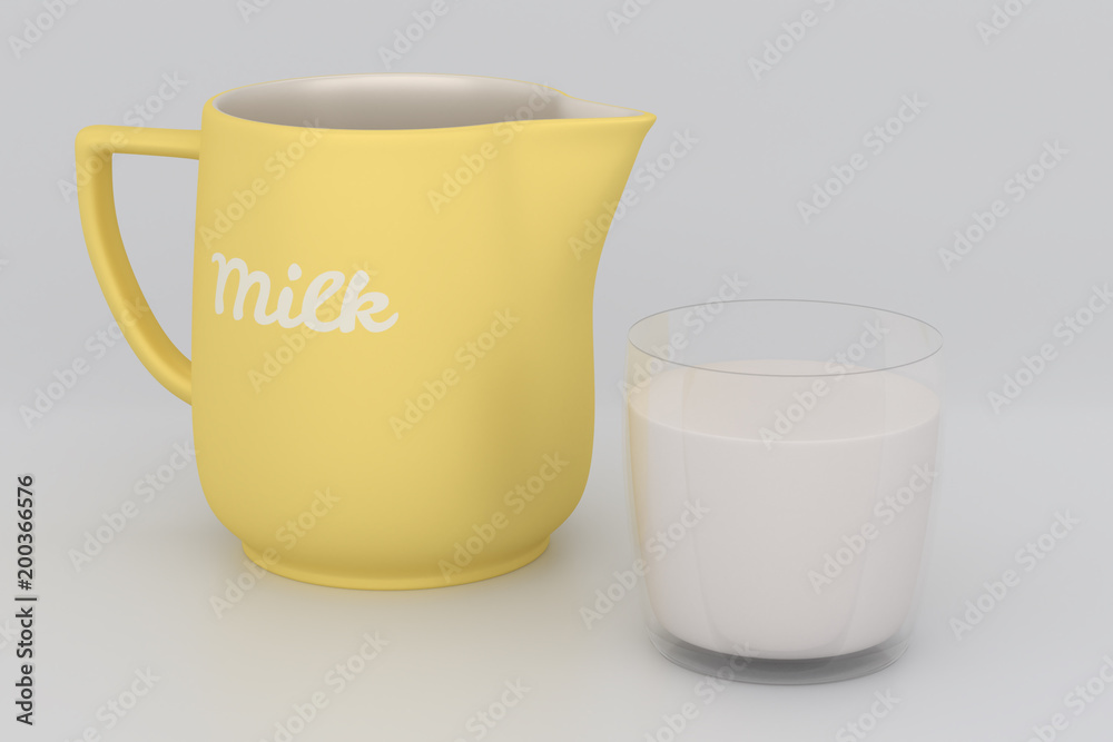 Milchkrug mit Trinkglas, befüllt mit Milch Milchkrug mit Trinkglas, befüllt mit Milch