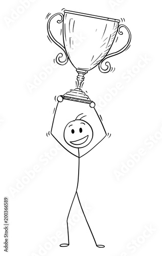 Cartoon stick man drawing conceptual illustration of successful businessman holding trophy cup as symbol of victory. Business concept of success and competition.