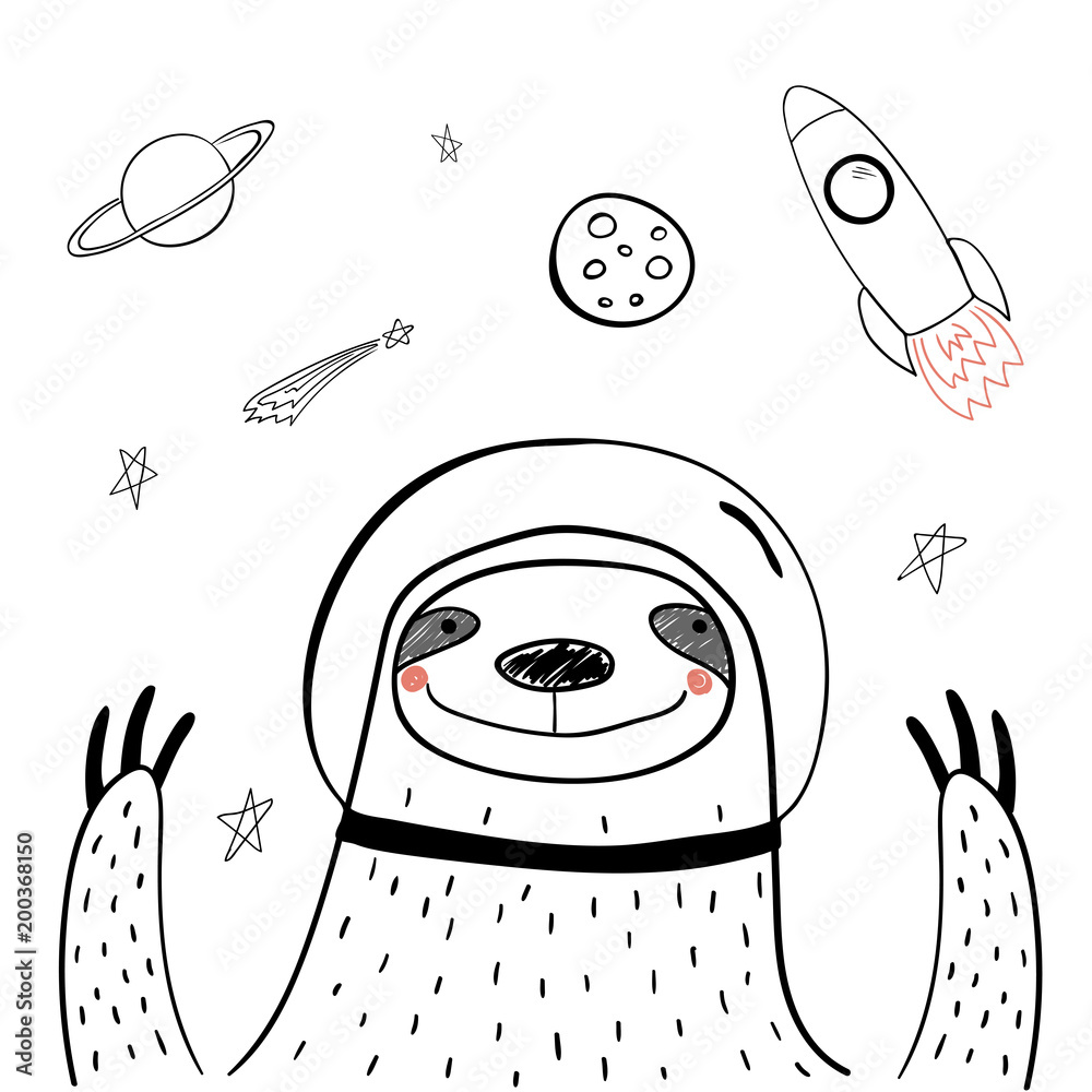 Hand drawn portrait of a cute funny sloth in space, waving. Isolated ...