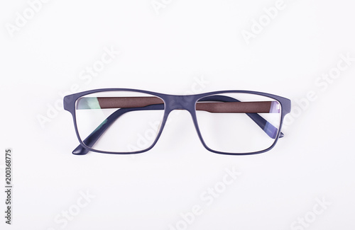 Blue eye glasses on white background. Isolated.