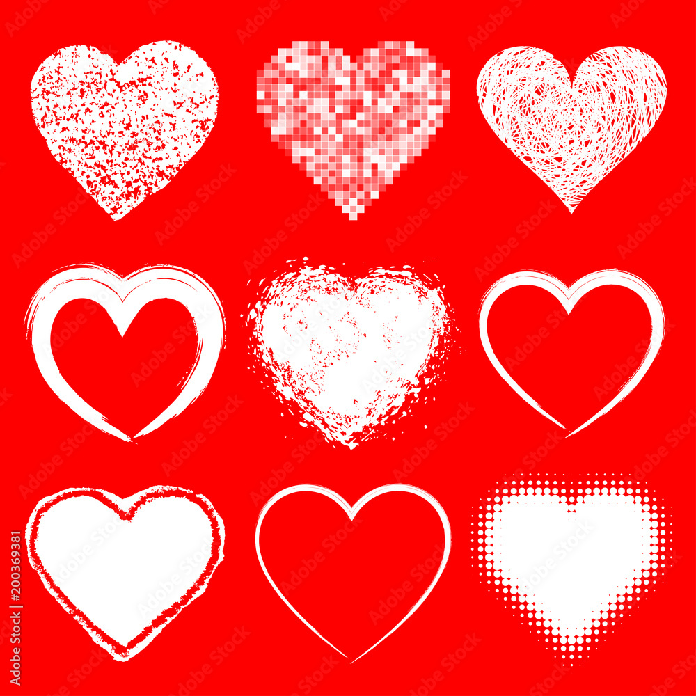 Set of white doodle grunge hearts icons on red background. Vector illustration