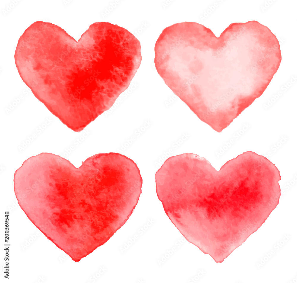 Set of Colorful Red Watercolor Hearts. Vector illustration