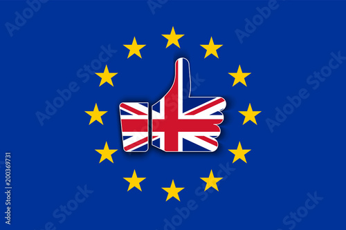 Great Britain flag thumbs up with shadow on European Union flag. Brexit or United Kingdom exit symbol