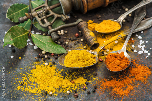 Food background Spices vintage mill Curry turmeric red chili pepper © LiliGraphie