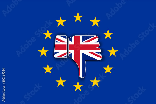 Great Britain flag thumbs down with shadow on European Union flag. Brexit or United Kingdom exit symbol