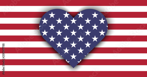 Love USA. Flag Heart with shadow for Independence Day 4 July and Valentine's Day 14 February