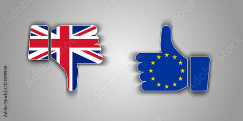 Great Britain flag thumbs down and European Union flag thumbs up vector icons with shadow. Brexit or United Kingdom exit symbol