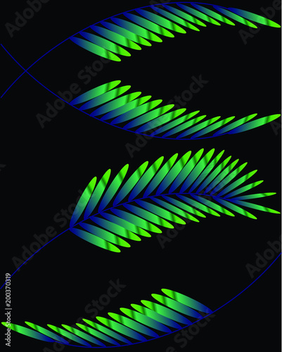 Tropical leaves print, electric bright colors, black background, jungle pattern