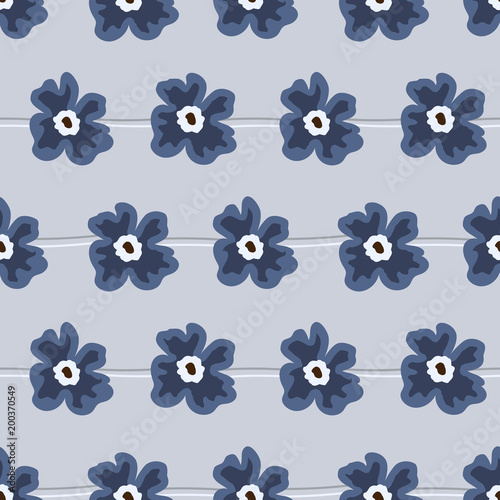 Seamless pattern with blue flowers on a gray background. It can be used for packing of gifts  registration of notebooks  diaries  tiles fabrics backgrounds. Vector illustration.