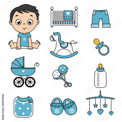 baby boy and baby icons. Accessories, clothes and toys