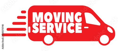 Moving Service words on fast red van. Vector icon