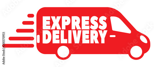 Express delivery words on fast red van. Vector icon