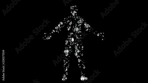 Flying diamonds build a shape of a man body, isolated on black 