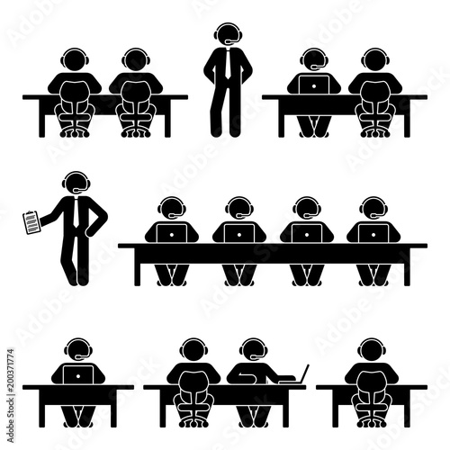 Stick figure with headset pictogram. Vector illustration of working people in call center on white