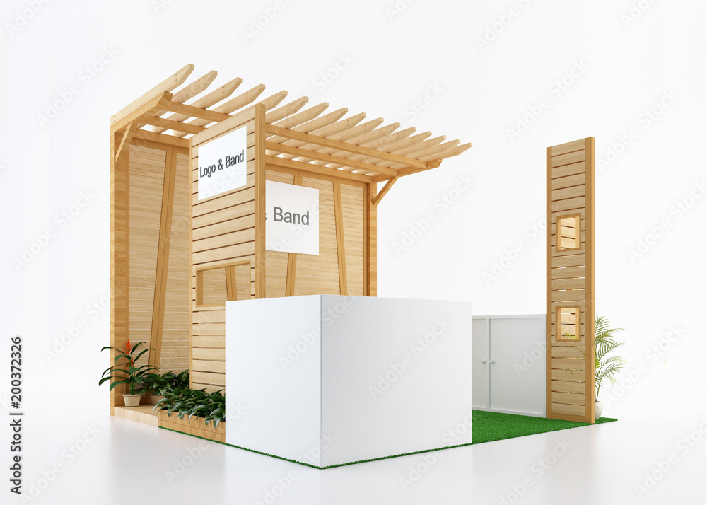 Empty and blank wood exhibition booth from side view. 3d rendering