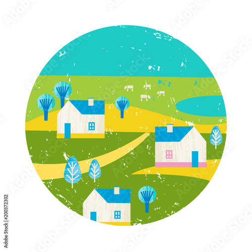Vector summer colorful illustration, travelling, holidays. Village, houses, trees scape view