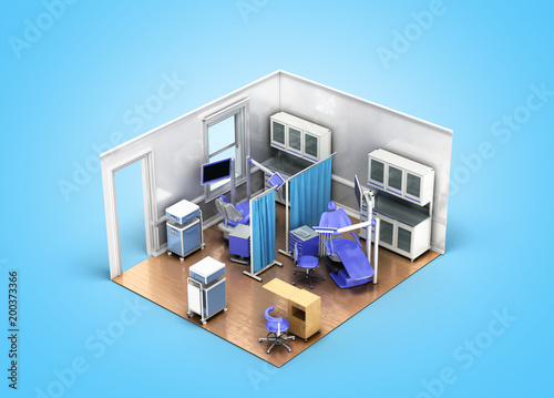 Isometric dentist office blue 3d rendering on blue background © nosorogua