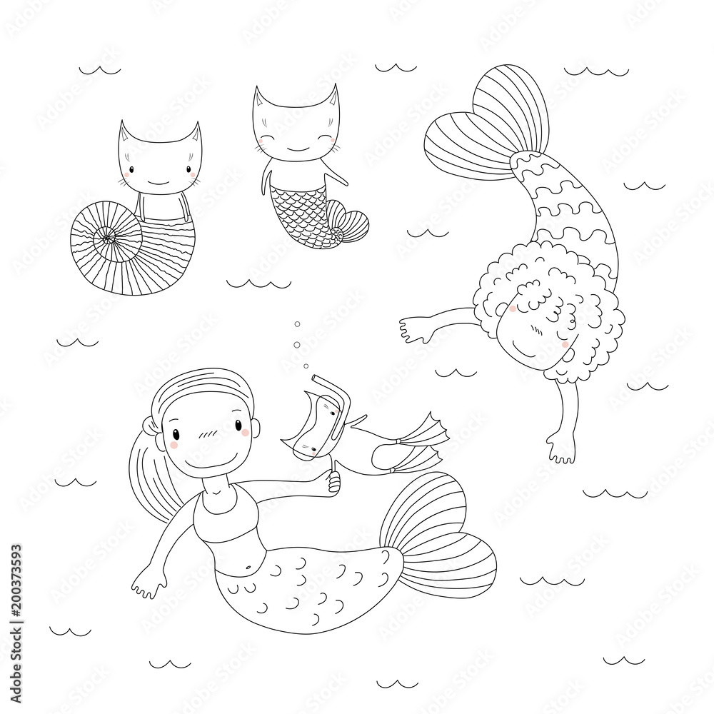 Hand drawn black and white vector illustration of cute little mermaid