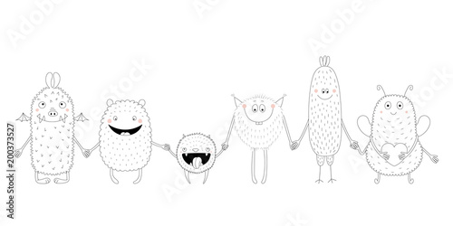 Hand drawn black and white vector illustration of of cute funny monsters smiling and holding hands. Isolated objects. Design concept for children coloring pages.