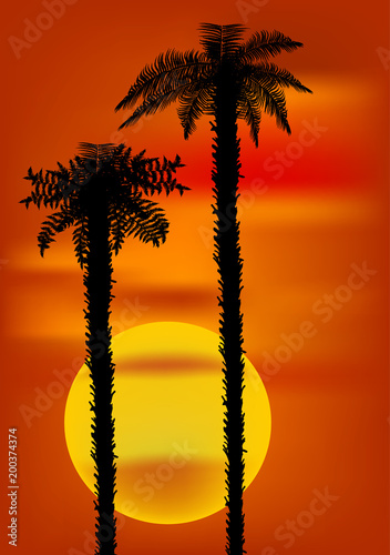 two palm trees and yellow large sun on background