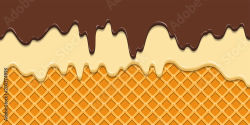Seamless pattern. Current icing and chocolate on waffle texture background, waffle cone with ice cream. Cartoon illustration for web, site, advertising, banner, poster, flyer, business card. Vector