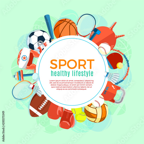 Banner of sport balls and gaming equipment. Poster with text Sport for banner, sticker, web. Healthy lifestyle tools, elements. Vector Illustration.