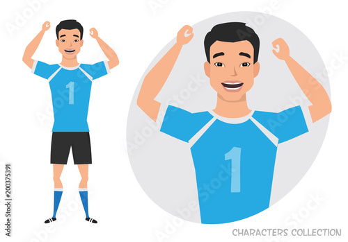 Asian football character. Soccer player. Emotion of joy and glee on the man face.