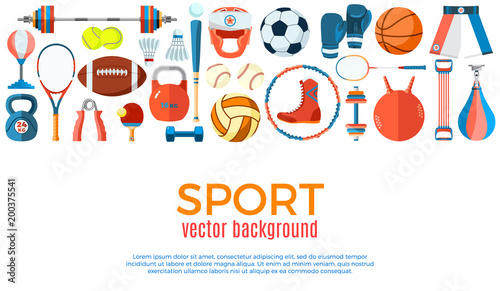 Banner of sport balls and gaming equipment. Background for promotional posters, advertising flyers, brochure or booklet, discount banners, sale. Healthy lifestyle tools. Vector Illustration.