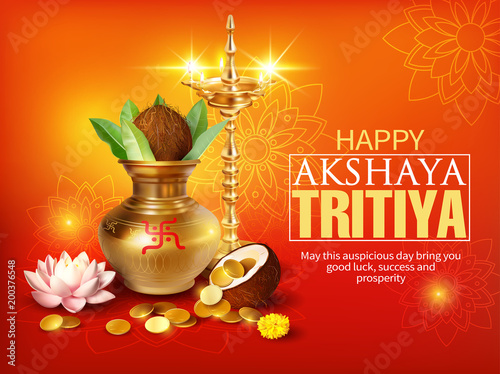 Greeting background with kalash and gold coins for Indian festival Akshya Tritiya. Vector illustration.