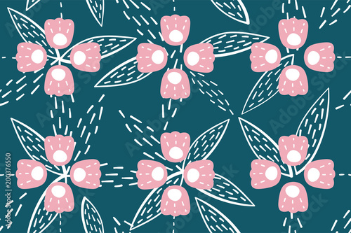 seamless pattern with bluebell, campanula naive style. Flowers stylized on dark blue background