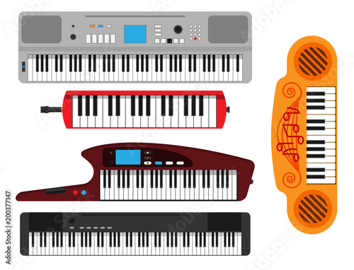Keyboard musical instruments vector classical piano melody studio acoustic shiny musician equipment electronic sound illustration.