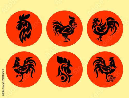 Rooster logo cock vector cute cartoon illustration new year 2017 badges bird symbol farm animal hen cockerel chinese silhouette.