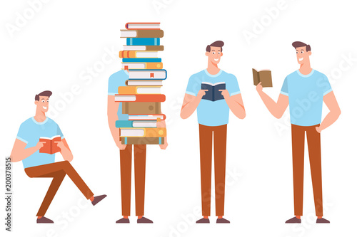 Man sitting, standing reading, holding a huge stack of books. Cartoon flat vector illustration isolated on white background.