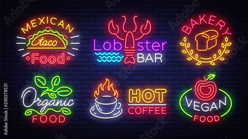 Big collection neon signs on theme food. Vector. Set bright food emblems, Neon food symbols, design template, Mexican food tacos, Lobster Bar, Bakery, Organic, Hot Coffee, Vegan