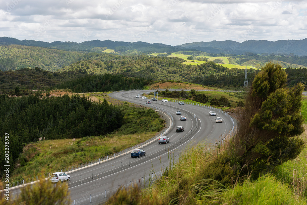 Cars on a busy highway in New Zealand
