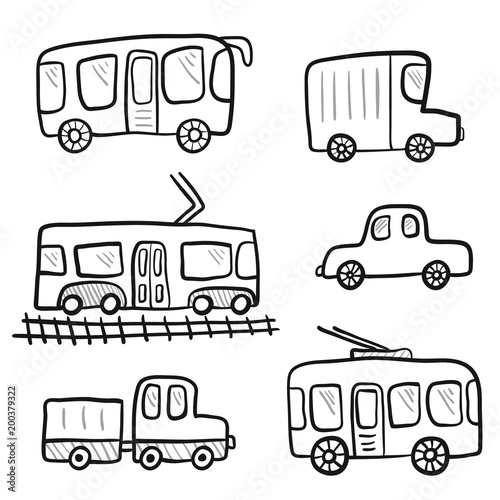 Cute cartoon doodle outline city transport for kids coloring books. Childish sketchy linear public city transport, car, truck for children educational or fun app or book