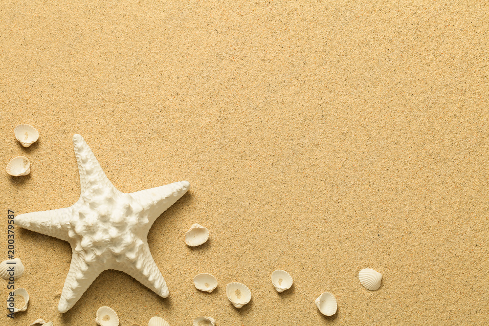Summer, Sand Background with Starfish and Shells Summer, Sand Background with Starfish and Shells