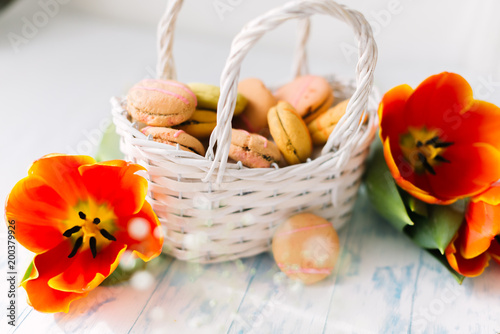 Blossoming tulips with macaroons on a light wooden background. Still life  spring concept