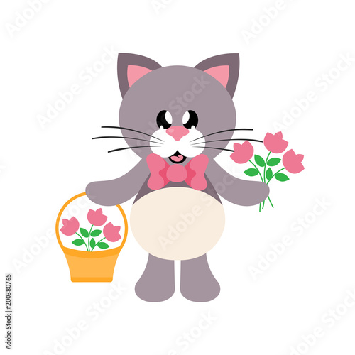 cartoon cute cat with tie and fowers and basket