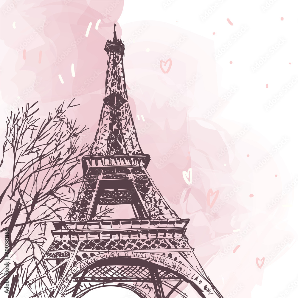 Fototapeta premium Eiffel tower vector illustration isolated on white. Vector Parisian pink illustration. French landmark isolated