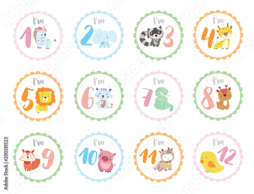 Cute birthday stickers with animals for babies