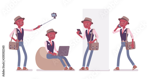 Black intelligent smart casual man wearing hat, glasses with gadgets