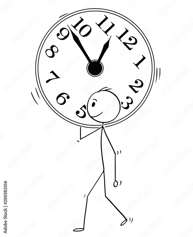 Cartoon stick man drawing conceptual illustration of businessman carry big wall clock. Business